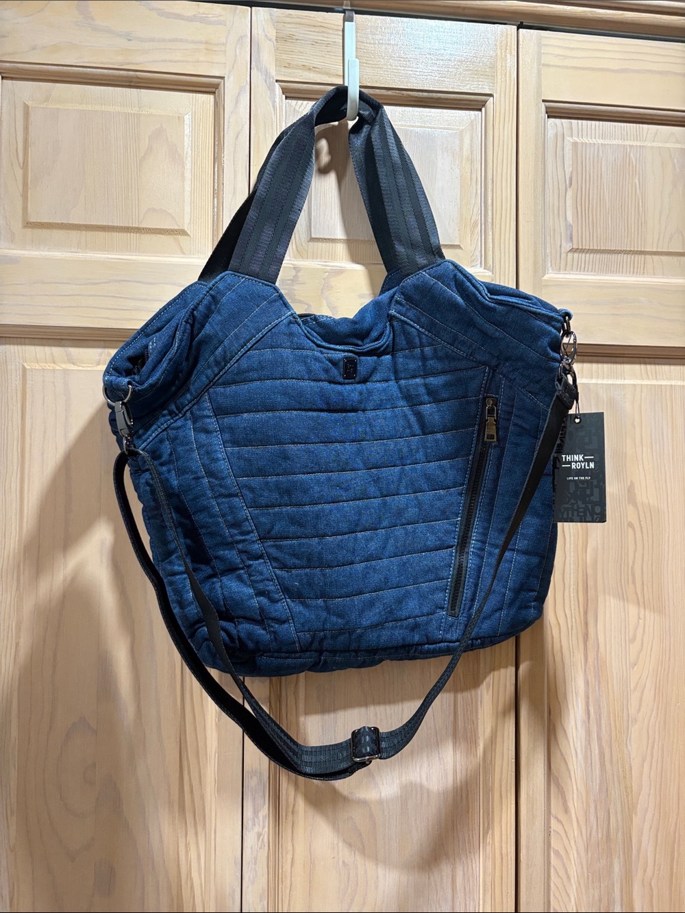 THINK ROYLN Quilted Dark Navy Denim Tote with Shoulder Strap